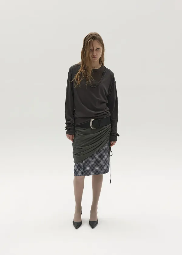 SHIRRED JERSEY CHECK MIDI SKIRT (KHAKI)