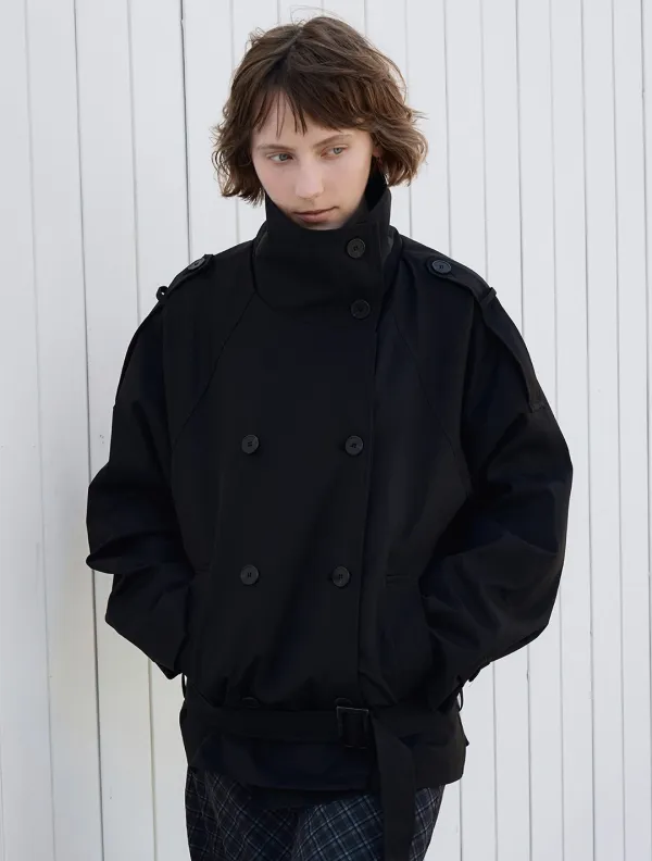 High neck half double trench coat_Black