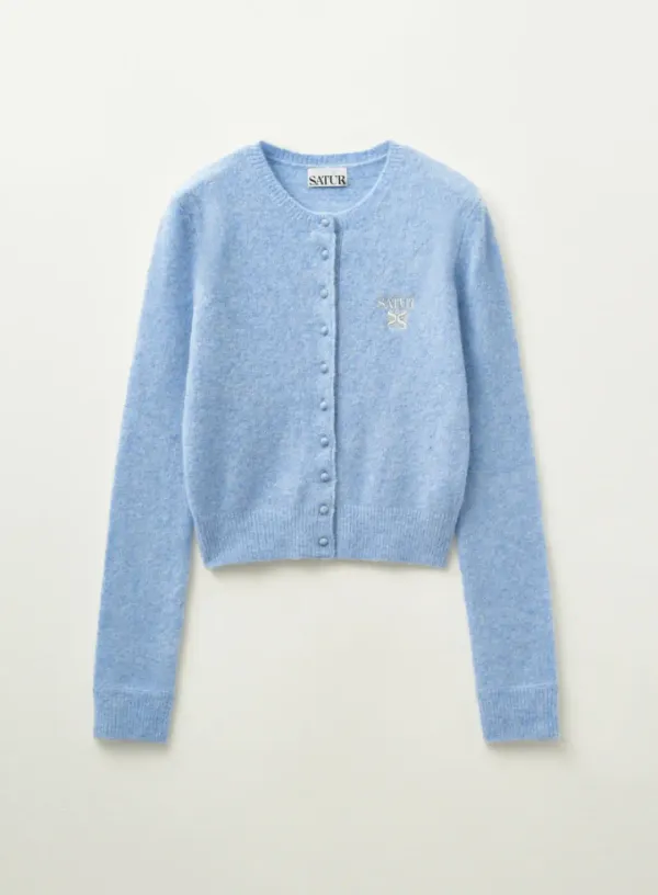(W) Loren Wool Blend Crew Neck Knit Cardigan - Sky Blue