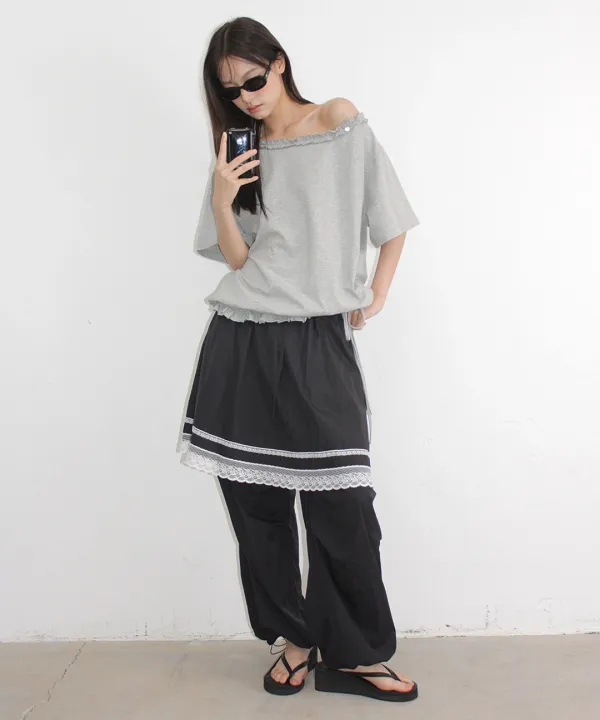 [6/26 순차배송] LACE POINT SKIRT LAYERED JOGGER PANTS BLACK