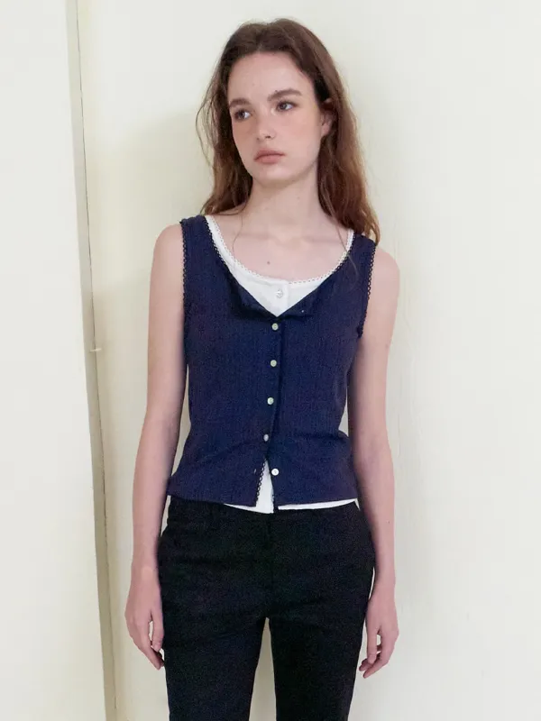 Lace-Trim Button Sleeveless, Navy