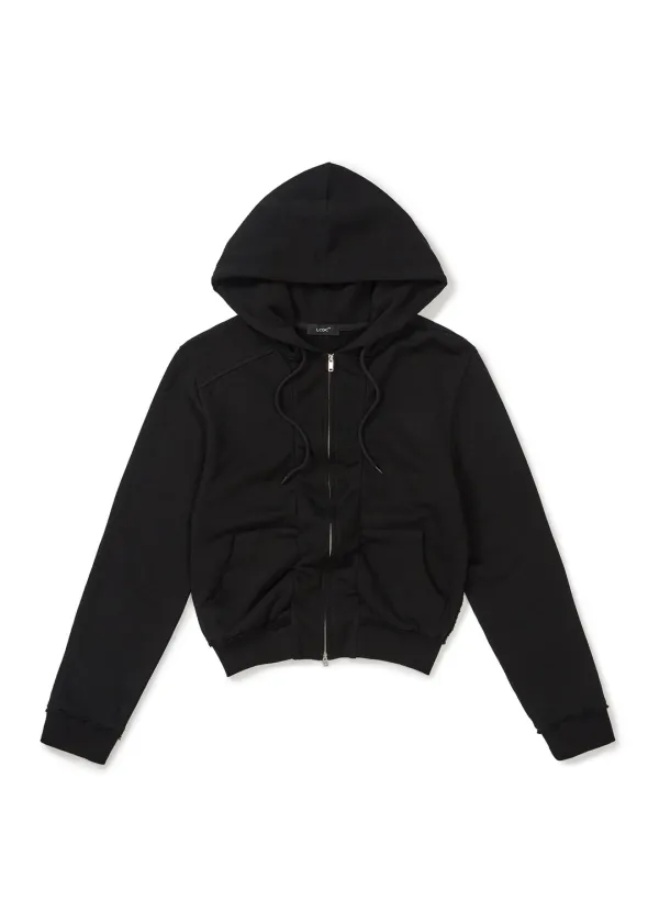 SHIRRING DETAIL ZIP-UP HOODIE (BLACK)