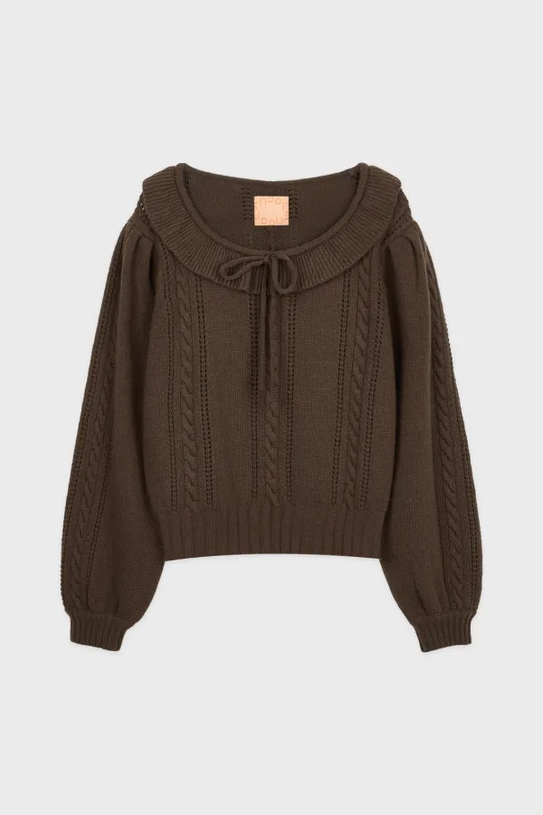 Ruffle Cable Knit Pullover (Brown)