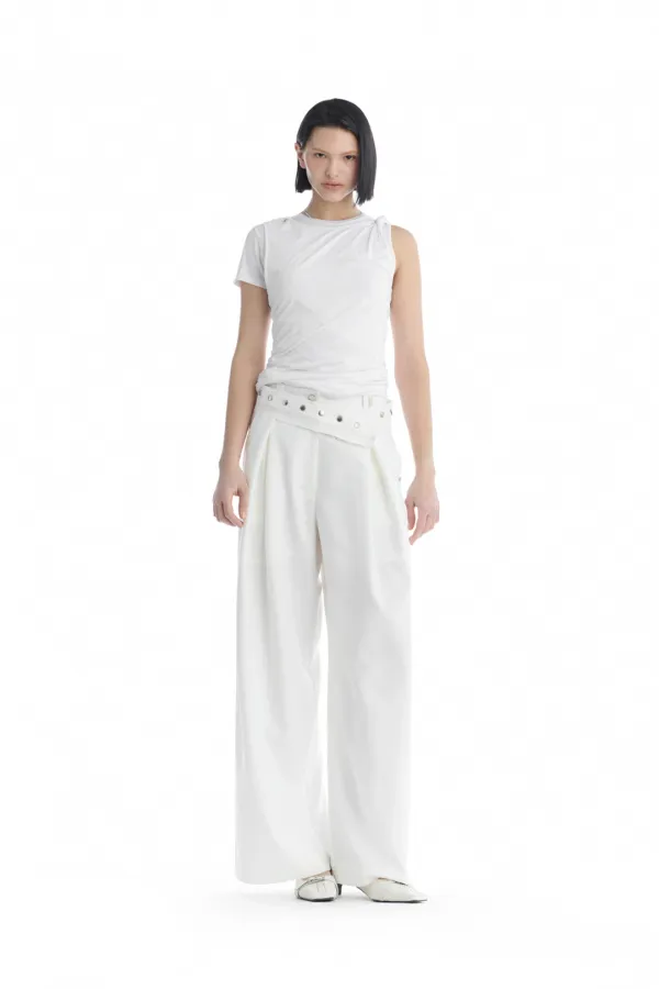 Removable Snap Belt Pleated Pants [ White ]