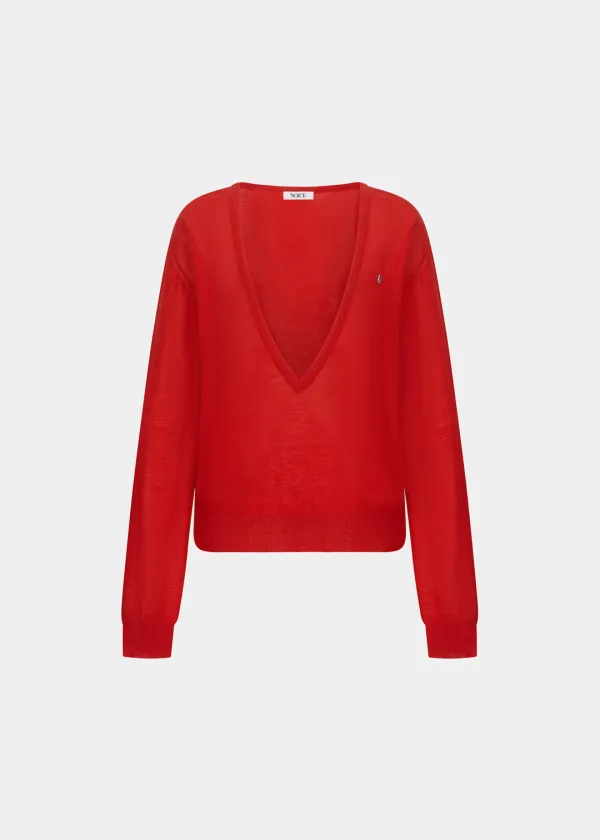 W LINEN BLEND SHEER DEEP V-NECK KNIT TOP - RED