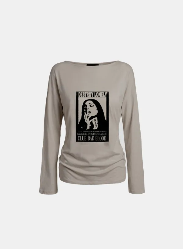 [w-tee26-121] CLUB BAD POST Boat Neck T-Shirt - Sand