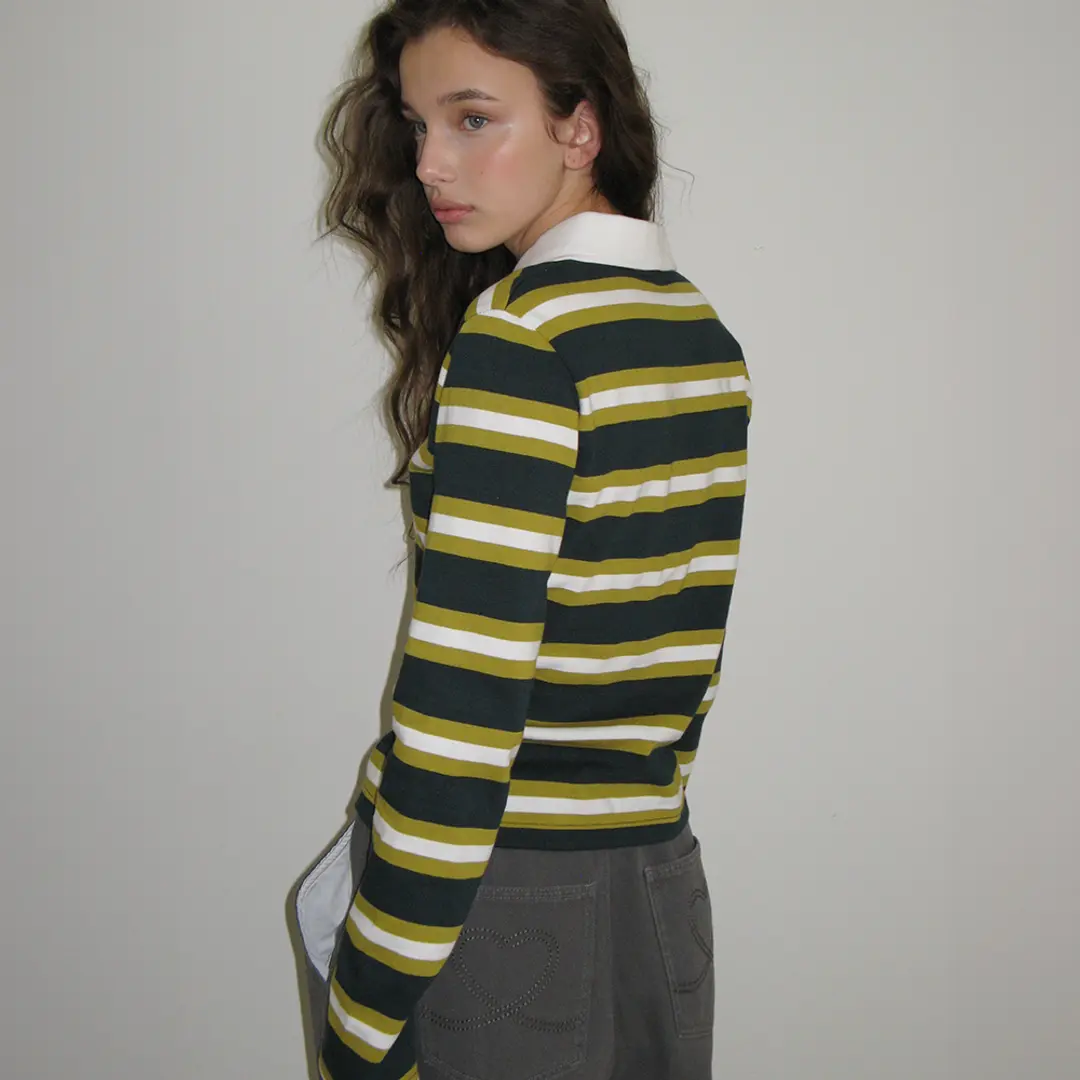 론론 HENRYNECK COLLAR SLIM LONG SLEEVE OLIVE STRIPE 상품 이미지 2