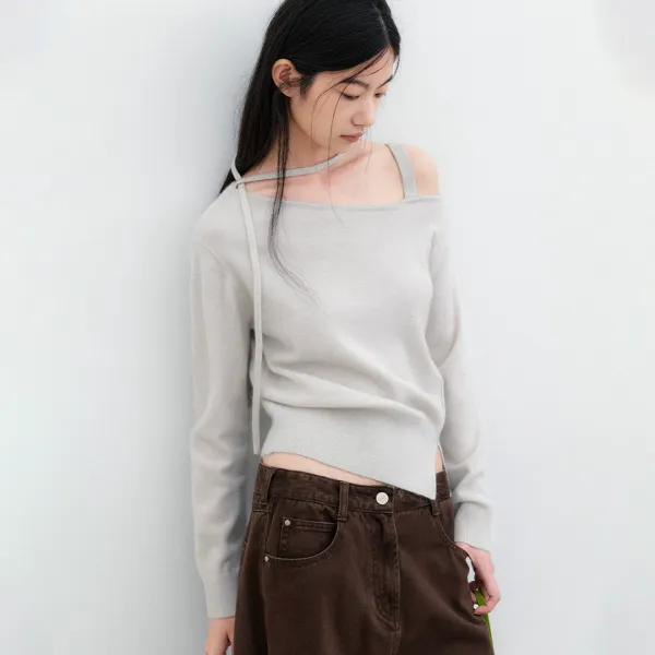 (T-7310)WOOL SOLID ONE OFF SHOULDER STRAP KNIT
