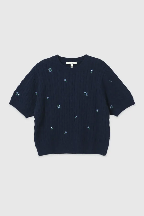 포보르 플라워 반팔 니트 (Navy)