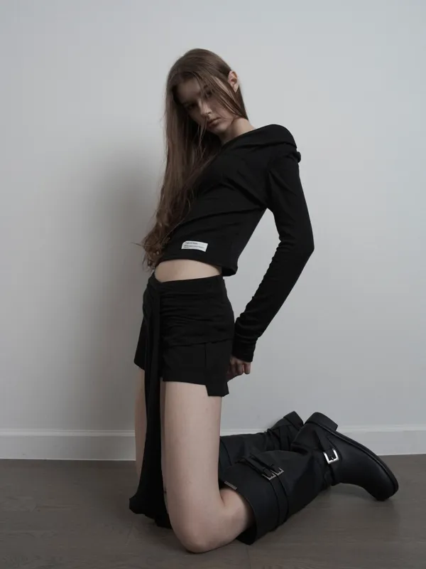 Cowl Drop Waist-Slit Top (black)