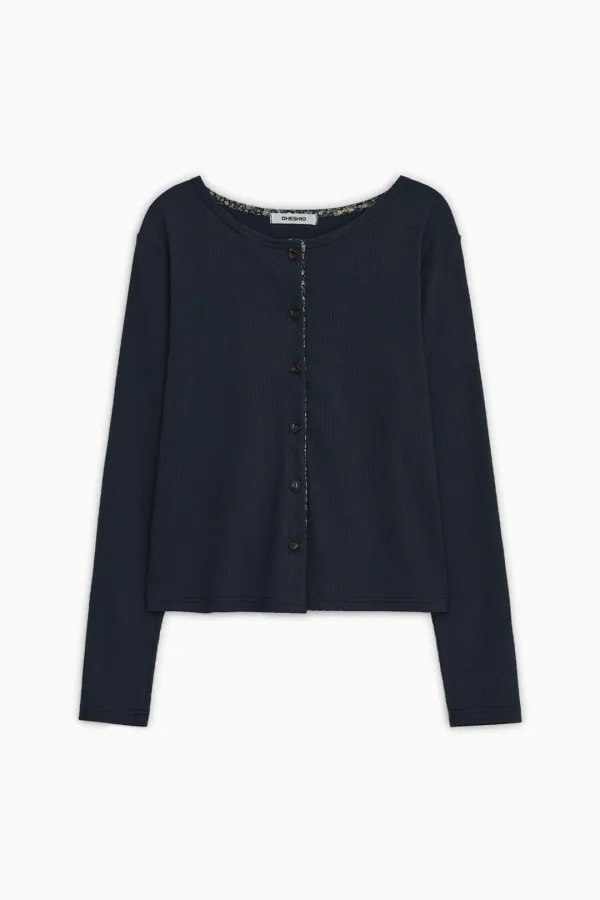 FLORAL COLOR BLOCK JERSEY CARDIGAN, NAVY