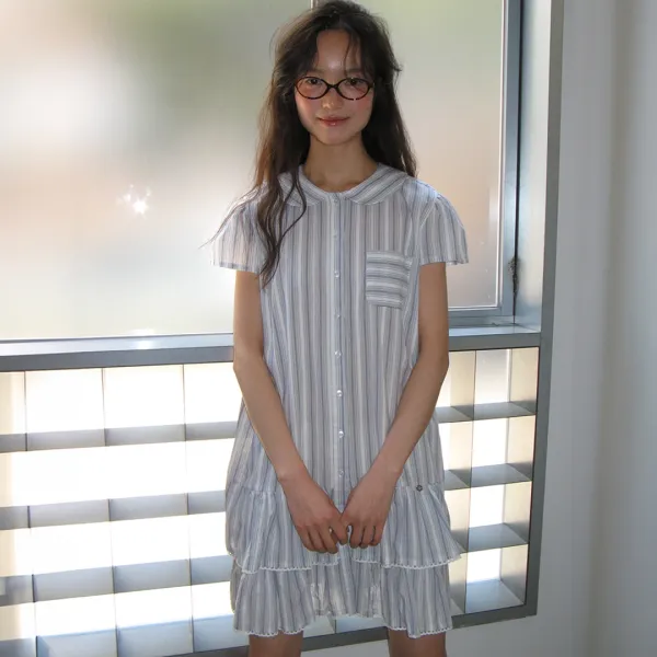 ROUND COLLAR FRILL KANGKANG SHIRT DRESS BLUE STRIPE