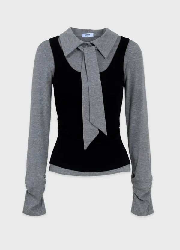  [44-120]  Ronan Layered Tie Tee  로넌 레이어드 타이 티 (가을-데일리룩-데이트룩-출근룩-오피스룩-레이어드-페미닌-타이-슬림핏-셔링-카라-자체제작) 