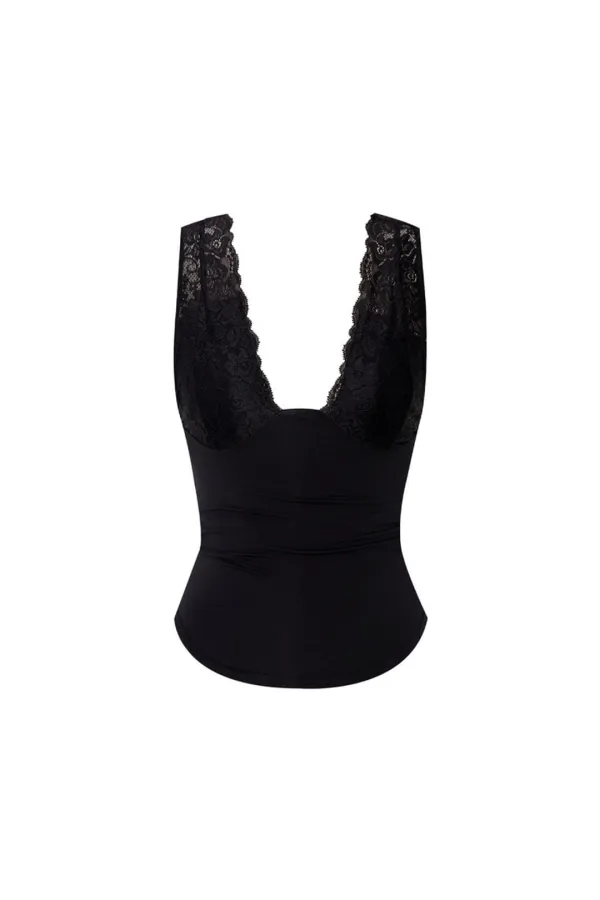 DEEP V-NECK LACE SLEEVELESS TOP (BLACK)