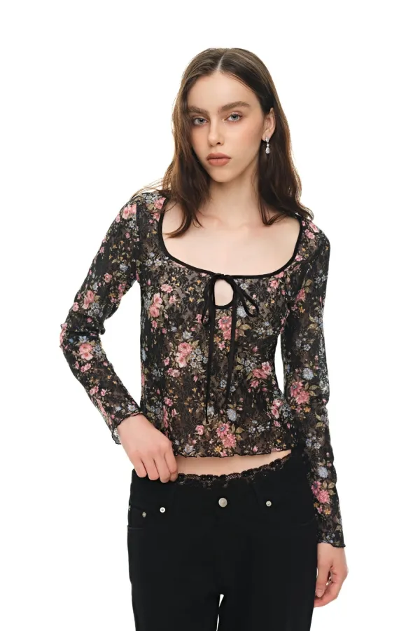 [9. 30 예약 발송] METALLIC FLORAL KEYHOLE TIE TOP (BLACK)