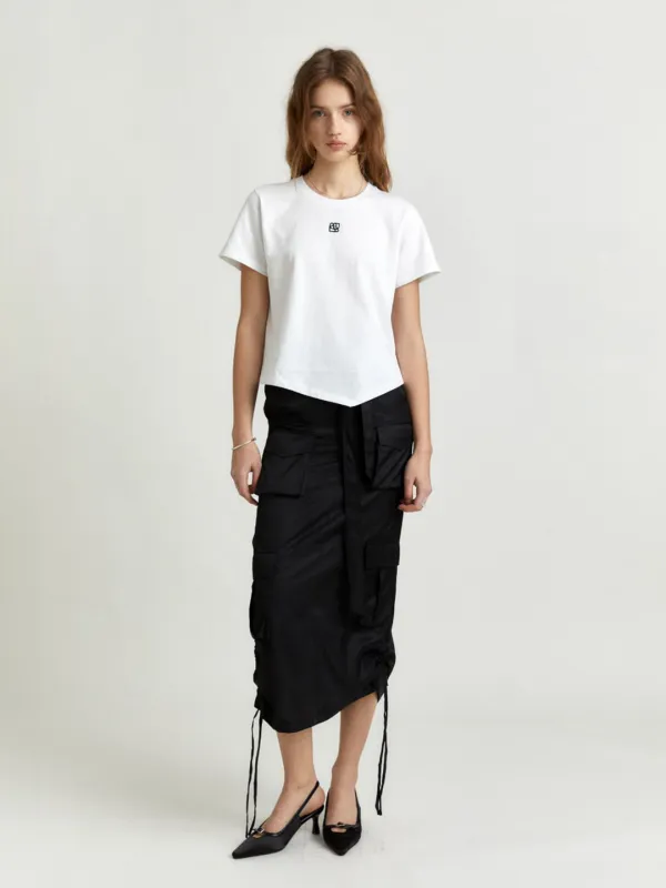 LILY Side String Belted Satin Cargo Long Skirt_Black