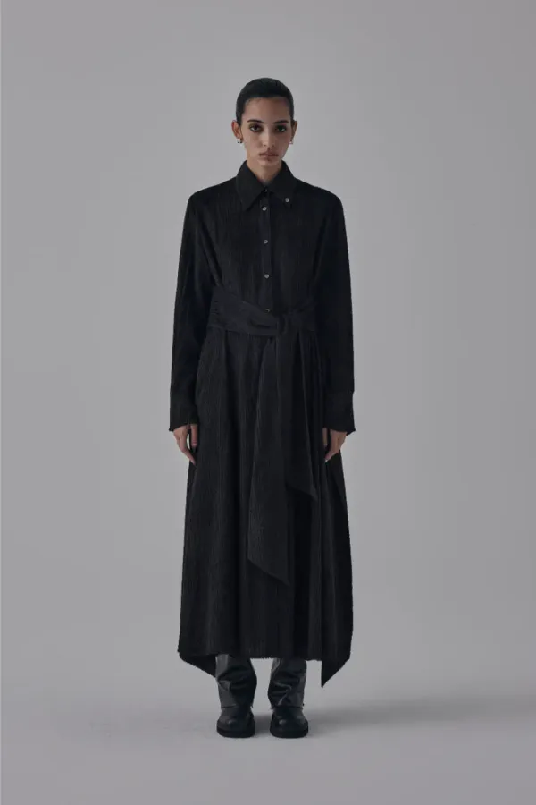 Velboa Stripe Strap Long Shirt One-Piece [ Black ]