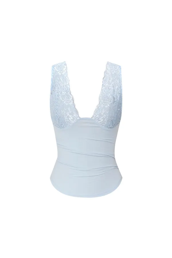 DEEP V-NECK LACE SLEEVELESS TOP (LIGHT BLUE)