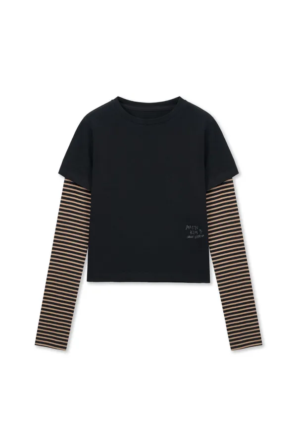 GRAFFITI LOGO STRIPE LAYERED TOP IN BLACK