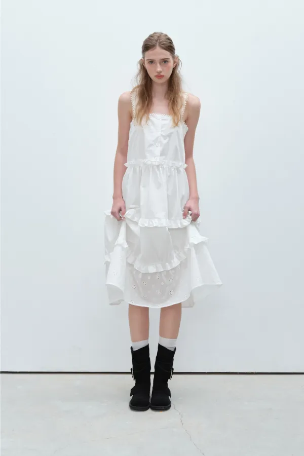 FRILL RUFFLE LONG DRESS (WHITE)