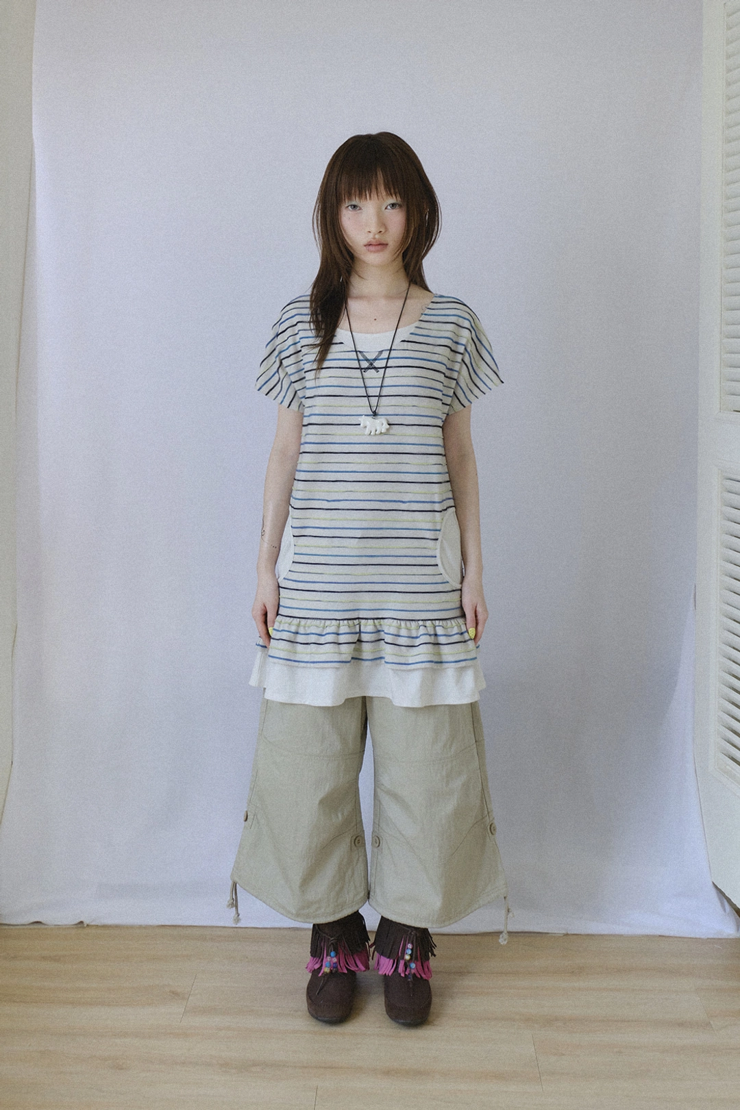 허그유어스킨 Stripe round pocket dress (Ivory) 상품 이미지 2