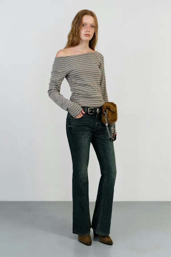 STRIPE OFF SHOULDER NECK TEE - GREY