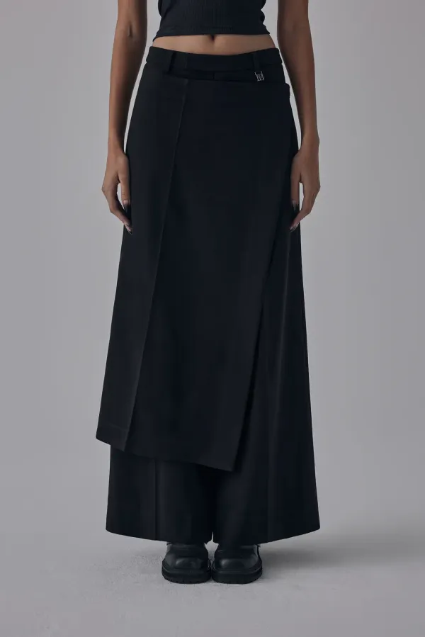 Side Buckle Wrap Skirt Pants [ Black ]