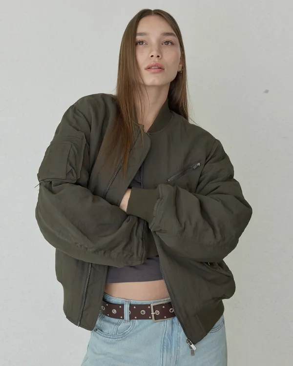 DISTRESSED OVERSIZED BOMBER JACKET - KHAKI