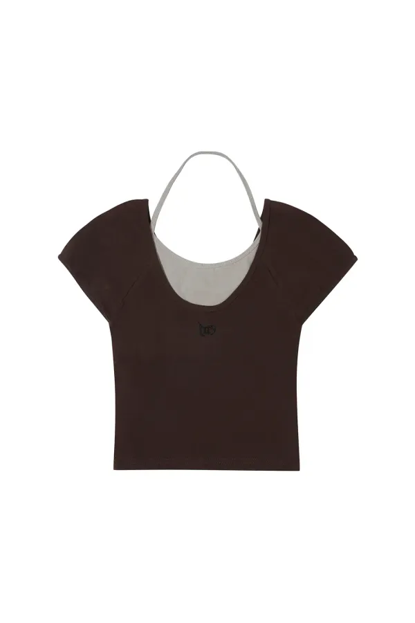 HALTER BOAT-NECK SET TOP BROWN