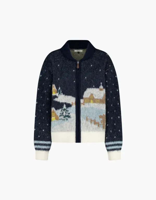 village graphic knit zip up - navy
