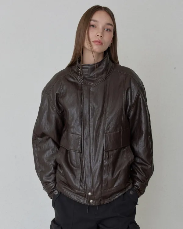 VINTAGE HIGH-NECK LEATHER JACKET - BROWN
