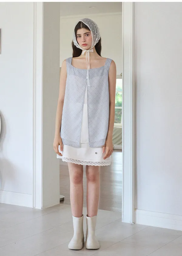  [44-120]  Ezra Layered Blouse  에즈라 레이어드 블라우스 (여름-데일리룩-데이트룩-출근룩-빈티지룩-슬리브리스-쉬폰-체크-스퀘어넥-루즈핏-레이스라벨-여리블라우스-빅사이즈-자체제작) 