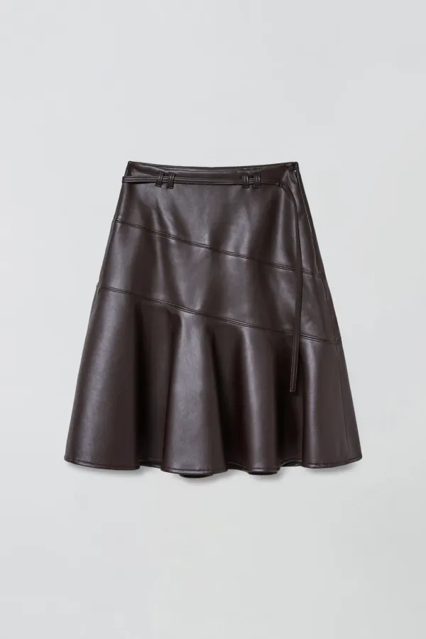 OFFSET DETAIL LEATHER SKIRT_DARK BROWN