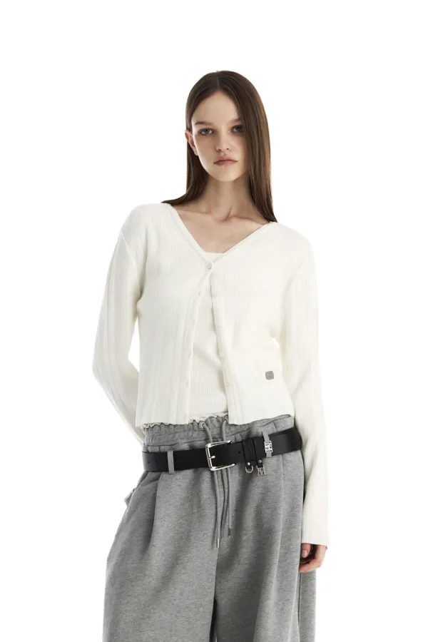 Essential Ribbed V-Neck Knit Cardigan [ Ivory ]