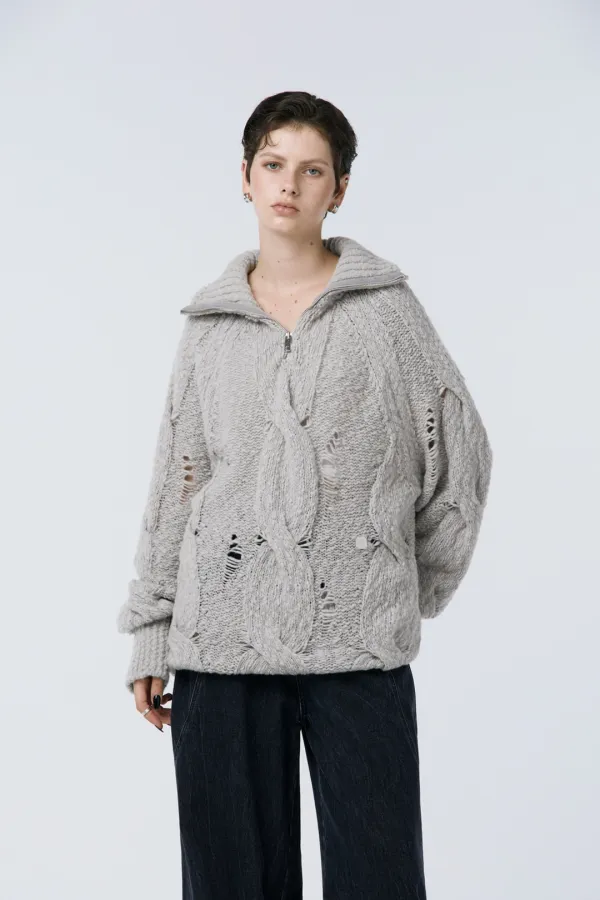 Cable Knit Anorak Pullover [ Light Gray ]
