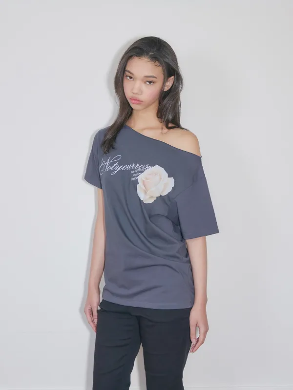 Rose graphic one-shoulder t-shirts (Charcoal)