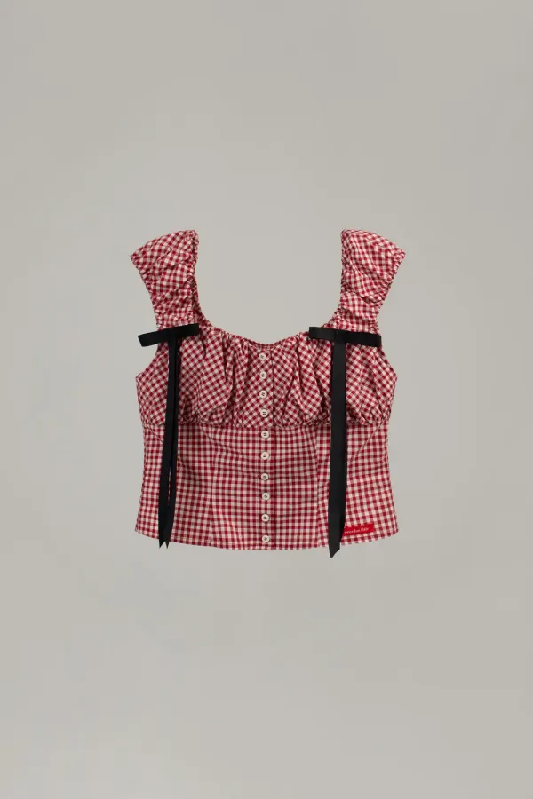 RIBBON HEART NECK VOLUME BLOUSE_RED CHECK