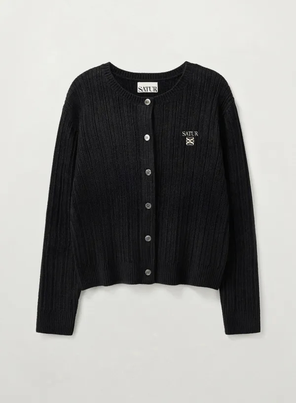 (W) Fleece Crew Neck Cardigan - Black