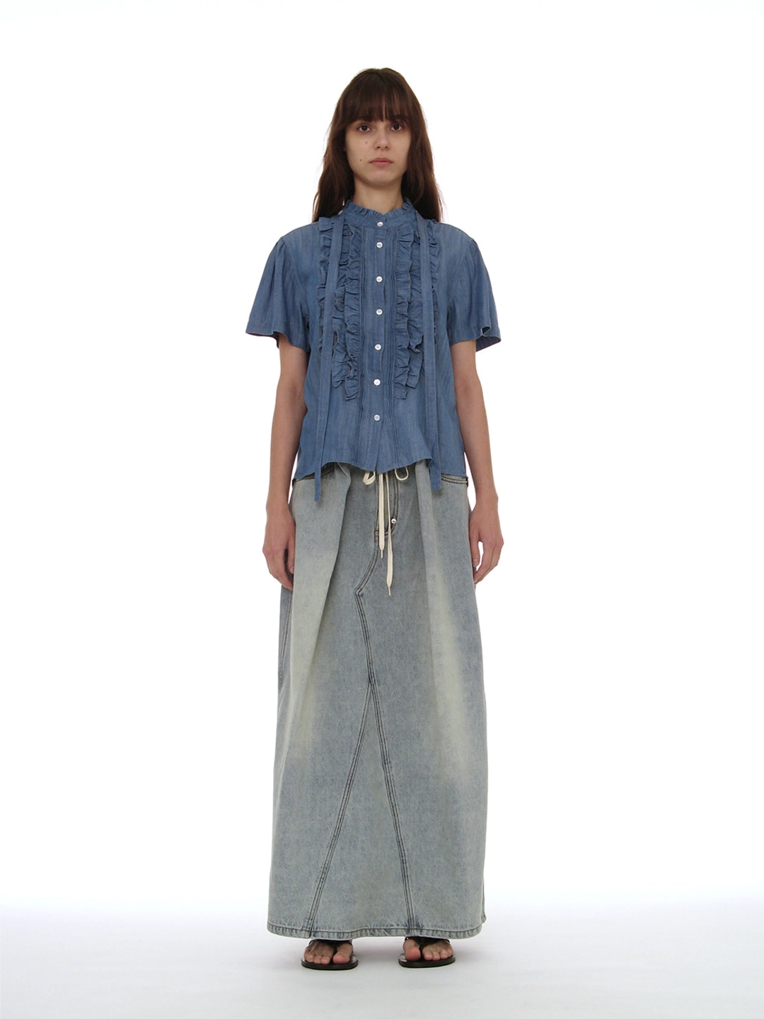 파르티멘토 [WOMEN] SCARF RUFFLE PINTUCK BLOUSE_DENIM 상품 이미지 2