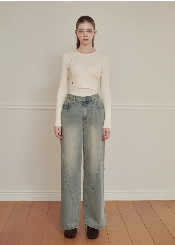  [25-36]  Sandy M-Point Wide Denim Pants  샌디 엠-포인트 와이드 데님 팬츠 (봄-가을-데일리룩-캐주얼룩-일상룩-유니크룩-롱와이드-워싱-절개-데님팬츠-빅사이즈-자체제작) 