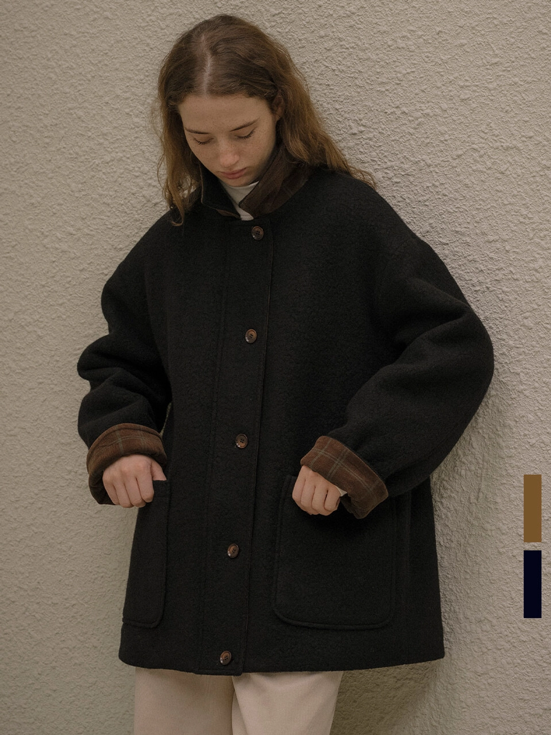 노운베러 Wool blend roll-up check half Coat [KNFW05CT03]_[2color] 상품 이미지 2