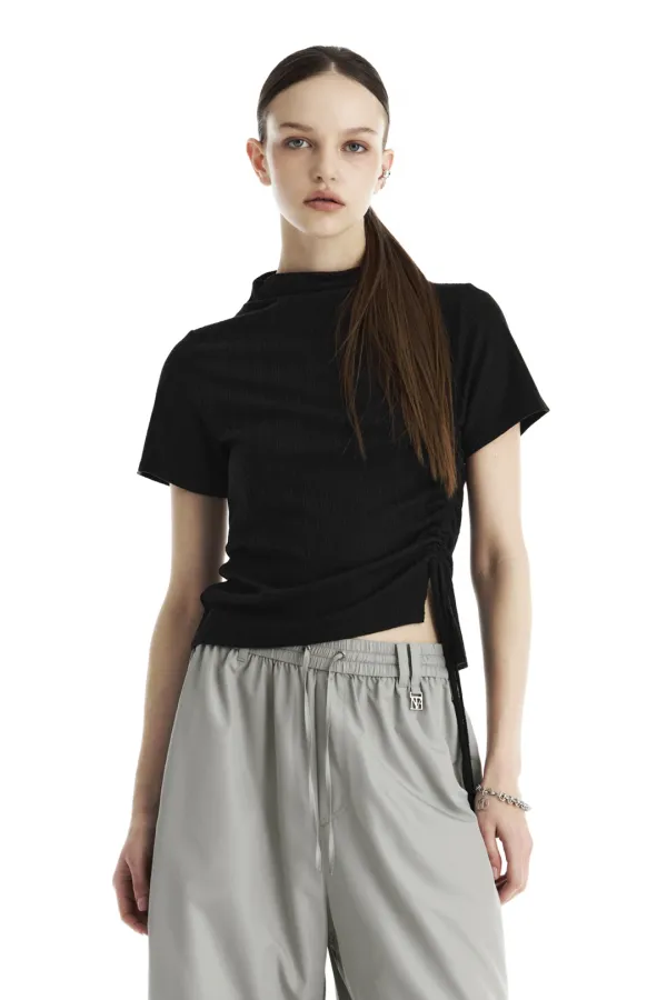 String Ribbed Mock Neck T-Shirt [ Black ]