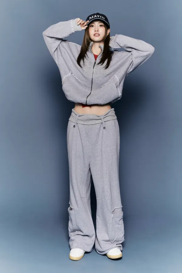 MIXED WAFFLE FOLDOVER WAIST JERSEY PANTS IN GREY