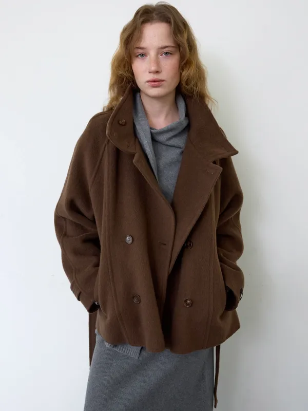 A HIGH NECK BELTED DOUBLE COAT_BROWN