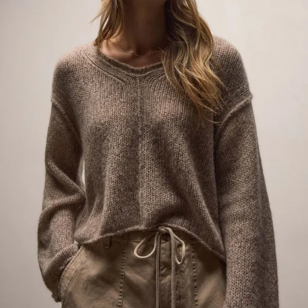 Marled Cashmere Silk V Neck Sweater - Grout Mix