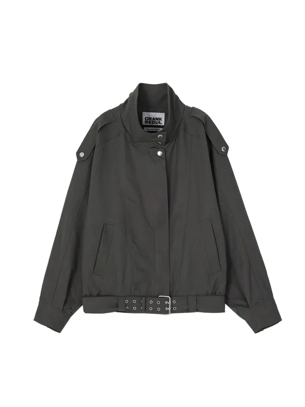 HIGH NECK BELTED BLOUSON JACKET_ASH KHAKI