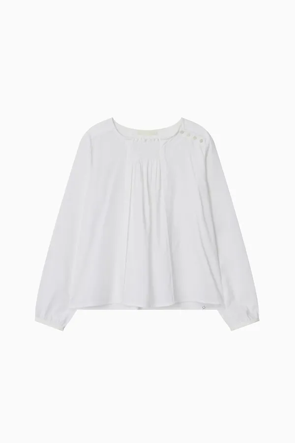 SMOCKED SHIRRING BLOUSE, WHITE