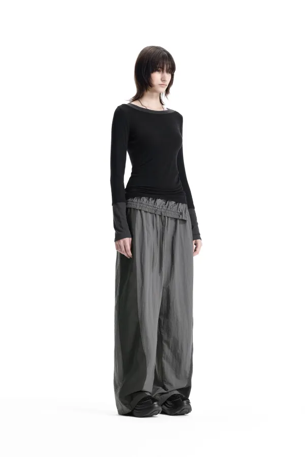 Layered Color Block Long-Sleeve T-Shirt [ Black ]