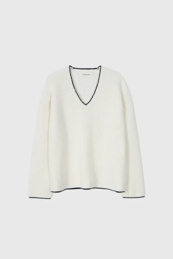 Cotton Line V-Neck Knit (Ivory)