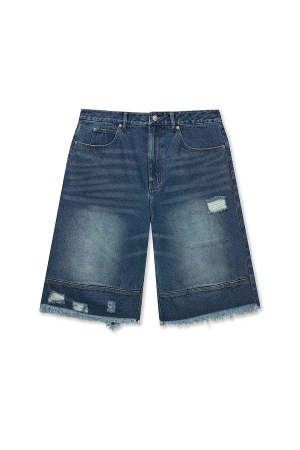 DESTROYED BERMUDA DENIM PANTS FOR MEN IN NAVY